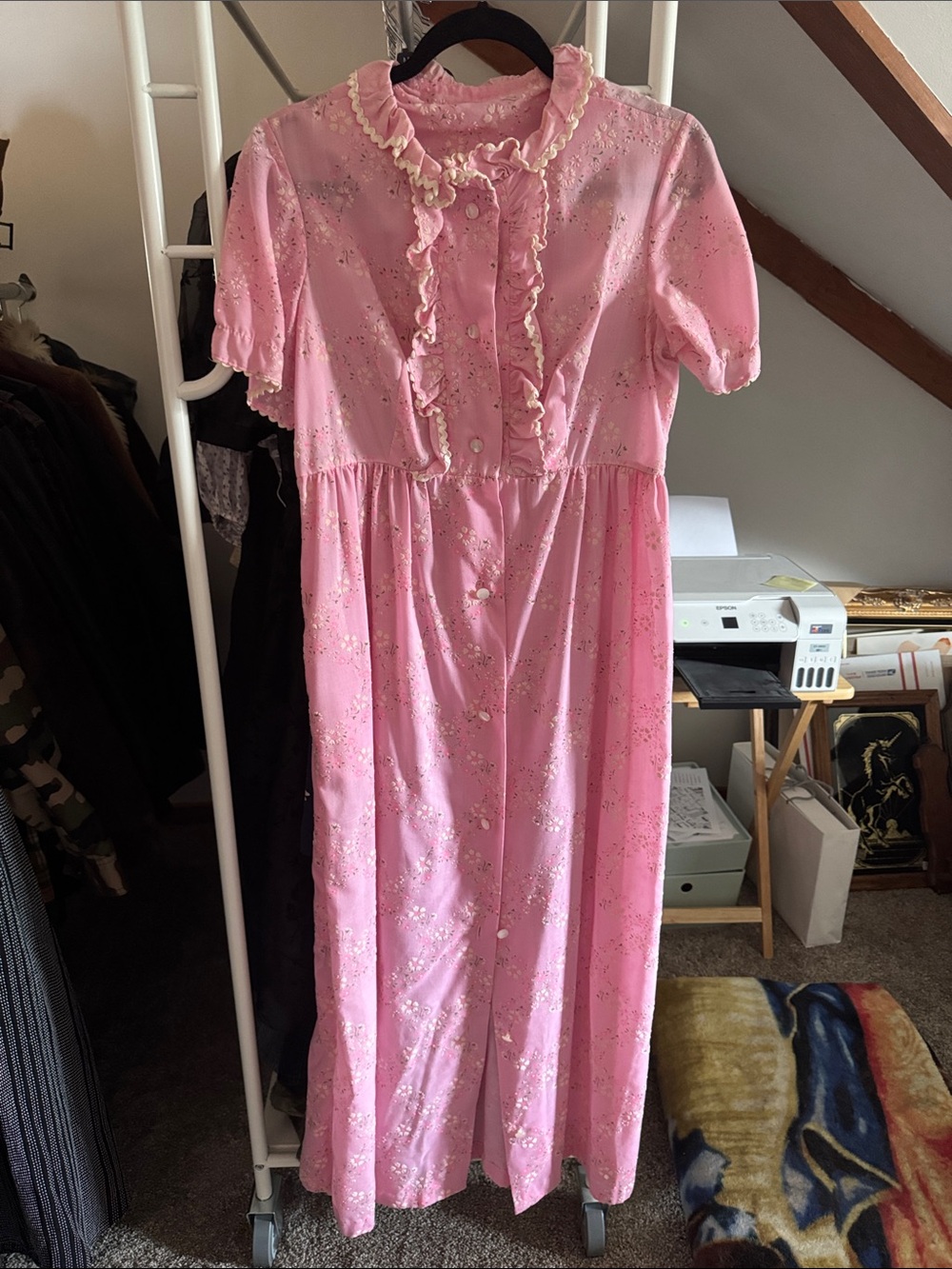 Vintage pink floral flower maxi dress M Medium homemade?